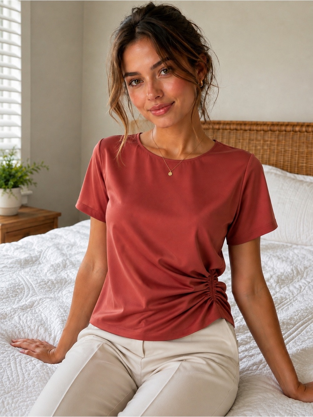 Calvin Klein Short Sleeve Ruched Tee in Rust